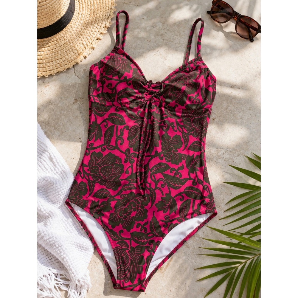 Y2K Pink Floral One Piece Swimsuit Underwire Lace Up Long Torso Size 8L